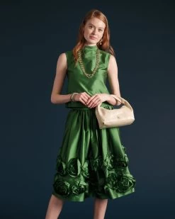 Barbara Skirt Flowers Shantung Green -clothing BARBARA GREEN 04