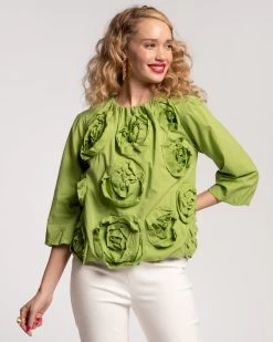 Emily Ruched Flower Top Green -clothing EMILY FLOWERS GREEN