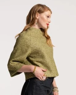 Lily Funnelneck Top Cedar Boucle Wool Green -clothing LILY OLIVE 03