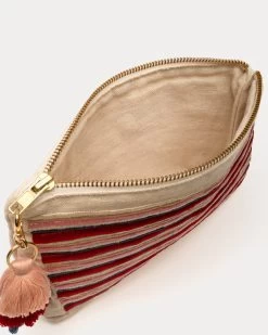 Zip Top Wristlet W/Pom Pom Pink -clothing RED PINK CANVAS CLUTCH 01