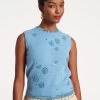 Star Embroidered Knit Shell Light Blue