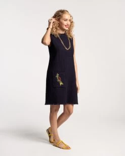 Twiggy Fringe Dress Cotton Boucle Navy -clothing TWIGGY DRESS NAVY 02