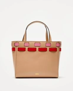Henry Basketweave Tote Tan Pink Red