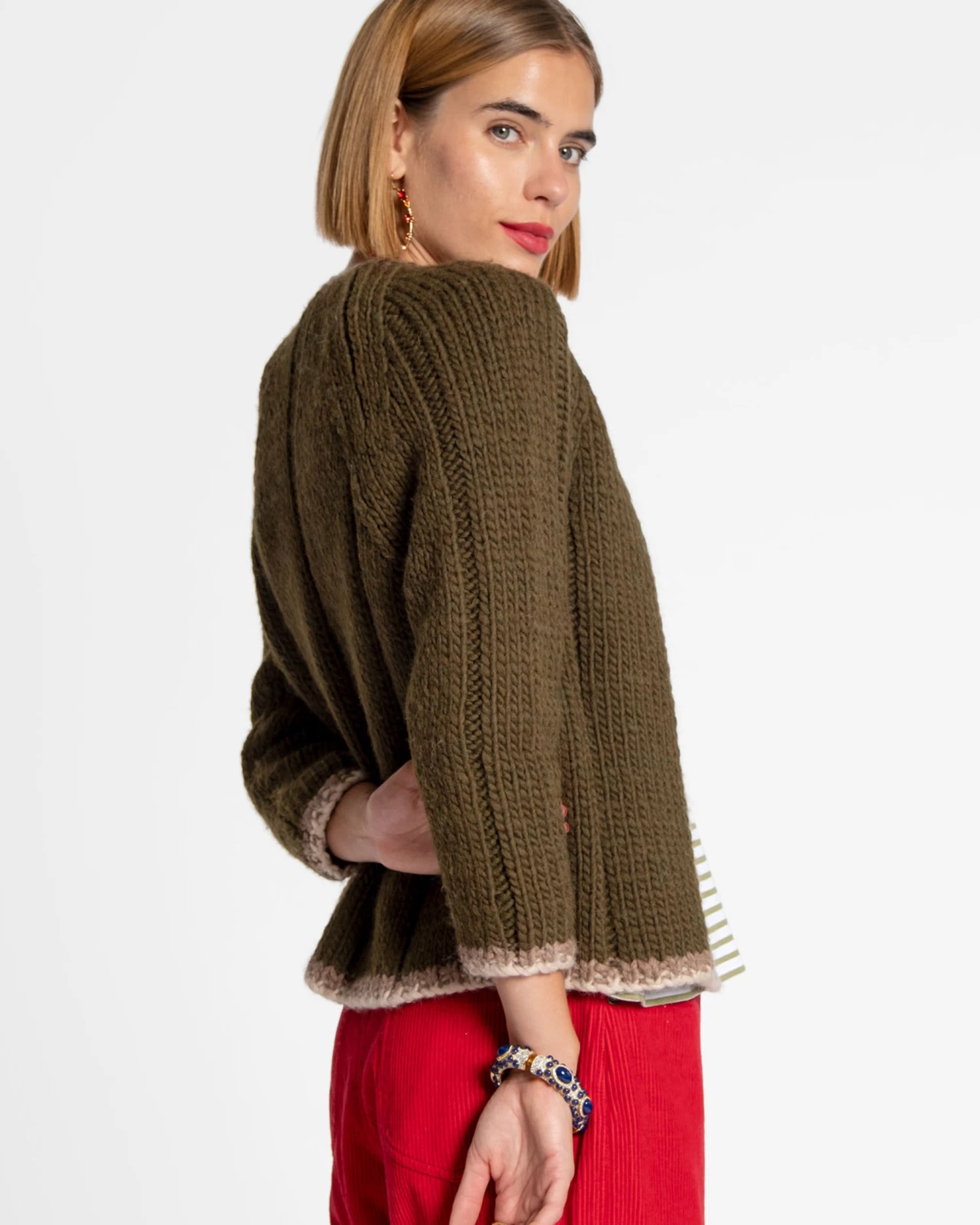 Wool Border Sweater Olive 4 Wool Border Sweater Olive - Image 4