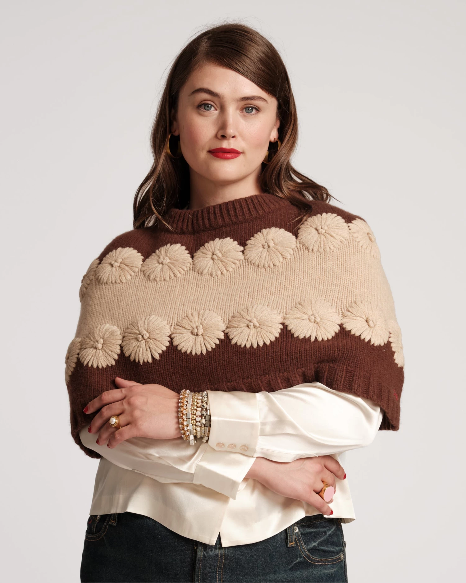 Emma Embroidered Wool Flower Shrug Chocolate Oyster 1 Emma Embroidered Wool Flower Shrug Chocolate Oyster